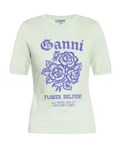 Ganni Flower Fitter Organic-cotton T-shirt In Green