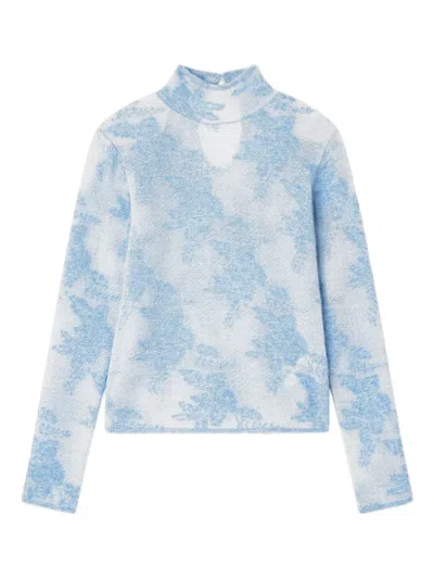 Ganni Flower-jacquard Mockneck Sweater In Blue