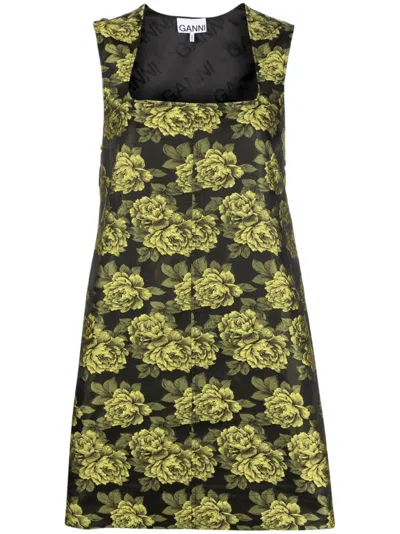 Ganni Flower Jacquard Suiting Minidress In Gelb