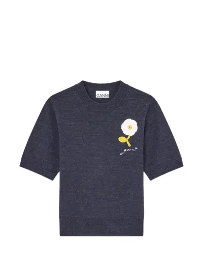 Ganni Flower Short-sleeve T-shirt In Blue