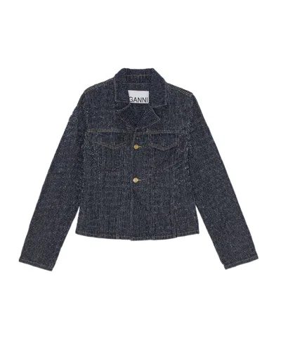 GANNI DARK BLUE FLUFFY DENIM BLAZER