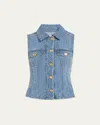 Ganni Fluffy Denim Fitted Top In Mid Blue Stone