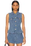 Ganni Fluffy Denim Fitted Top In Mid Blue Stone