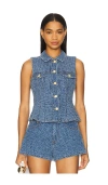 Ganni Fluffy Denim Fitted Top In Mid Blue Stone