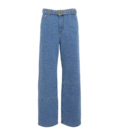 Ganni Fluffy Denim Izey Wide-leg Jeans In 566 Mid Blue Stone