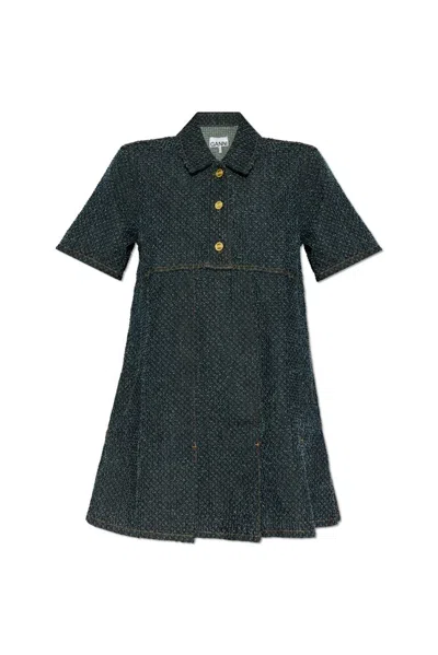 Ganni Short-sleeved Mini Fluffy Denim Dress In Blue