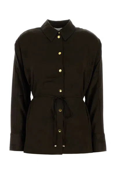 Ganni Fluid Satin Jacquard Long Sleeve Shirt In Brown