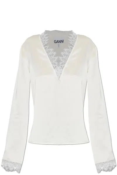 Ganni Fluid Satin Long Sleeve Blouse In White