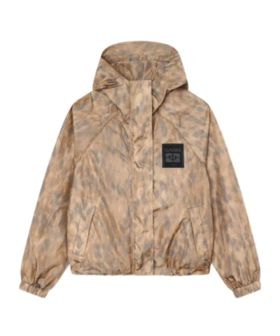 Ganni Flyweight Jacket In Printed Nylon In Brown
