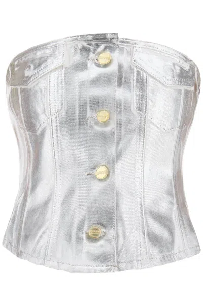 Ganni Foil Corsage Denim Top In Metallic