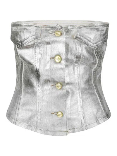 Ganni Bustier Top In Foil Denim In White