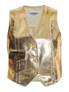 Ganni Gold Vest With Branded Buttons In Laminated Denim Woman In Black