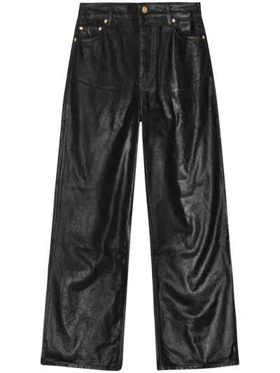 Ganni Foil Denim Wide Jeans In Black