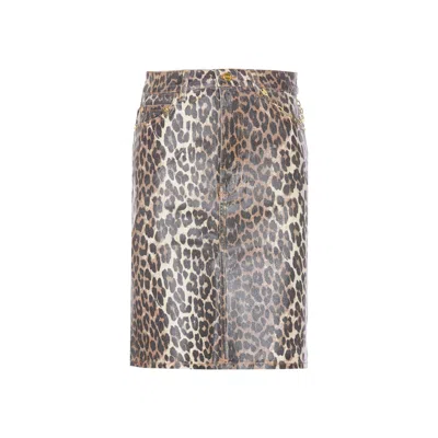 Ganni Foil Print Denim Leopard Skirt In Brown