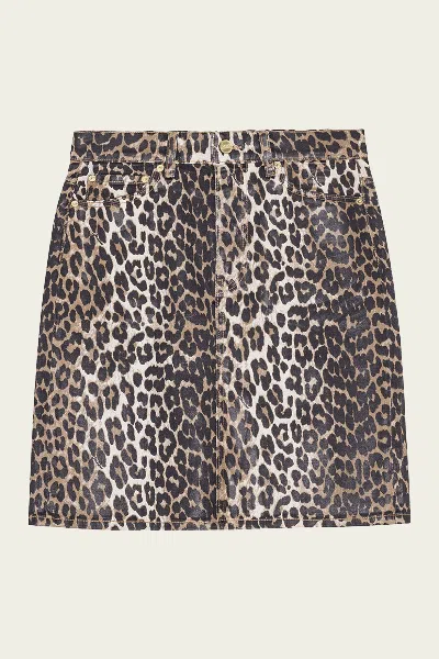 GANNI FOIL PRINT DENIM SKIRT IN LEOPARD
