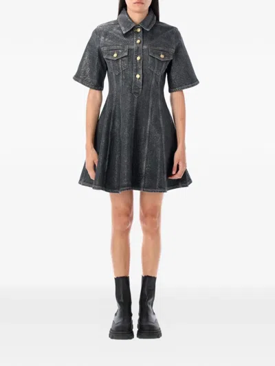 Ganni Shimmery Foil Flared Mini Denim Dress In Black