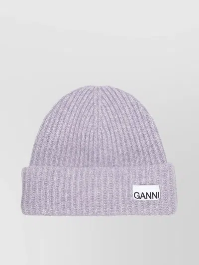Ganni Folded Rib Knit Beanie Hat In Purple