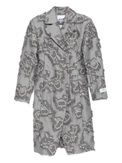 Ganni Frayed Cloud-print Coat In Gray