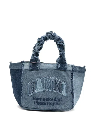 Ganni Frayed Denim Tote Bag In Blue