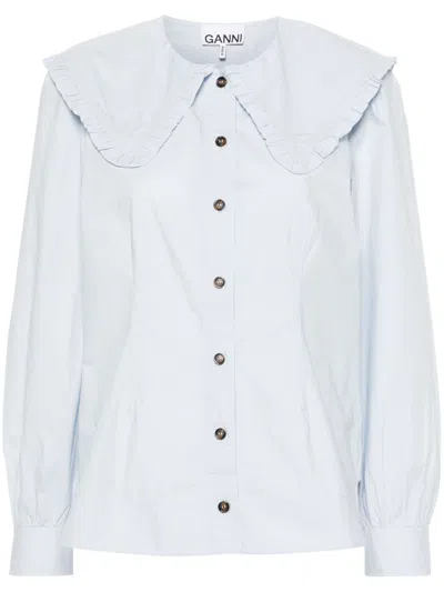 Ganni Ruffled Collar Organic Cotton Shirt In White