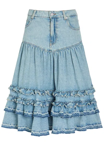 Ganni Frill Tiered Denim Midi Skirt In Blue