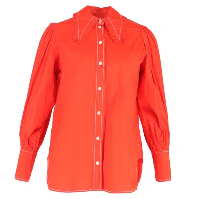 Ganni Frilled Collar Button-up Blouse In Orange Cotton