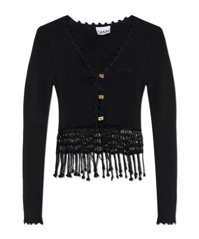Ganni Black Crochet Cropped Cardigan