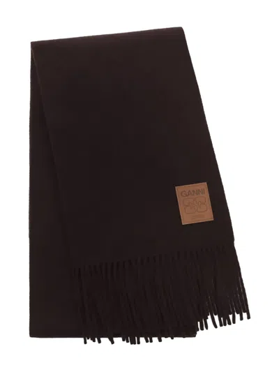 Ganni Fringed Logo-patch Scarf In Black