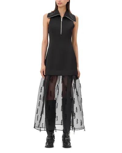Ganni Fringed Organza Dress In Black