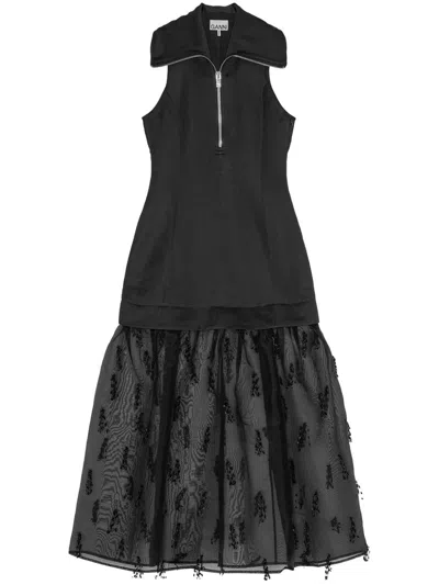 Ganni Fringed Organza Long Dress In Black