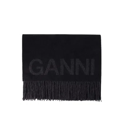 GANNI GANNI FRINGED SCARF - WOOL - BLACK
