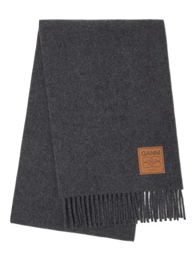 Ganni Fringed Scarf With Logo Patch In Neutral