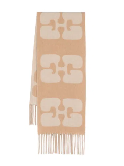 Ganni Fringed Two-tone Scarf In Neutrals