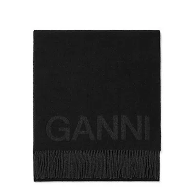 Ganni Fringed Wool Scarf In Black