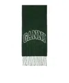 Ganni Green Fringed Wool Scarf In Black