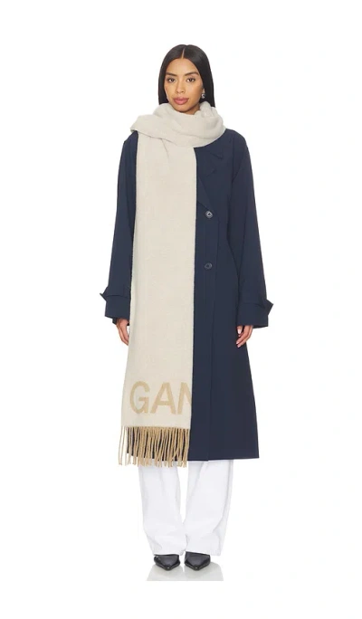 Ganni Fringed Wool Scarf In Neutral