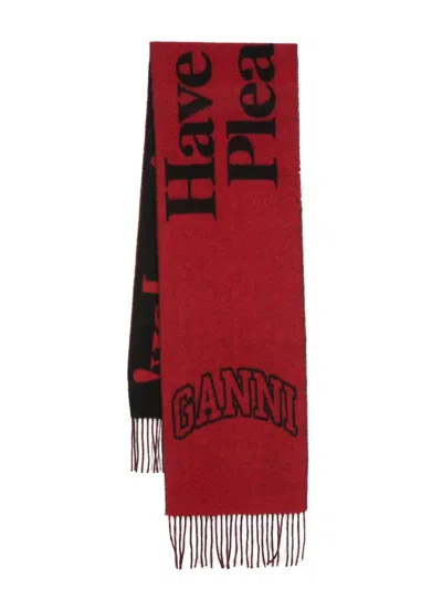 Ganni Fringed Wool Scarf In Red