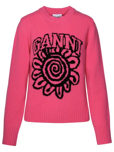 Ganni Floral-motif Crew-neck Jumper In Pink & Purple