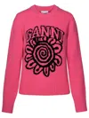 Ganni Floral-motif Crew-neck Jumper In Fucsia