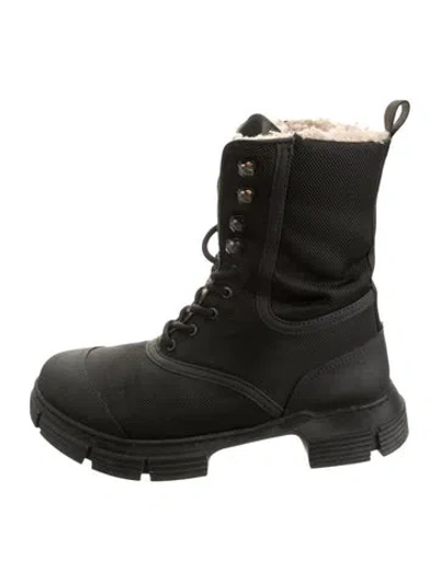 Pre-owned Ganni Fur Trim Combat Boots In Green