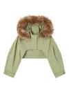 Ganni Fur-trimmed Cropped Jacket In Green
