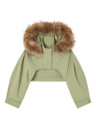 Ganni Fur-trimmed Cropped Jacket In Green