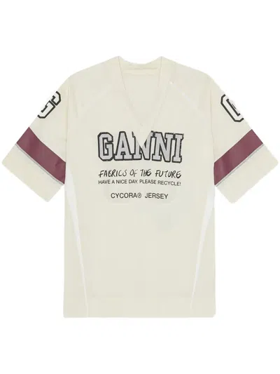 Ganni Future Mesh Oversized V Neck T-shirt Antique White In 277 Antique White