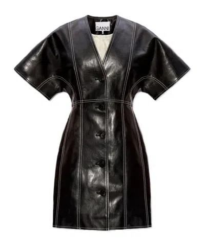 Ganni Dress From Faux Leather In Black