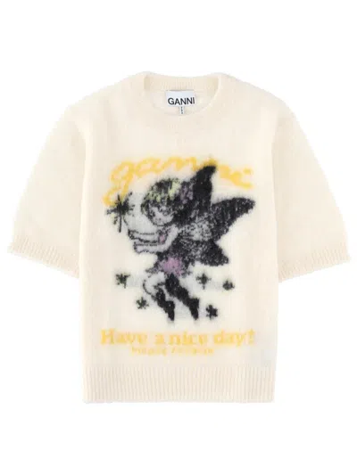 Ganni Fuzzy Graphic Knit Short-sleeve Sweater In Neutral