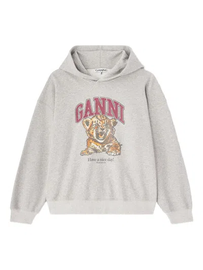 Ganni G Hooded Sweatshirt With Tiger Logo Print And Ribbed Cuffs In Gray