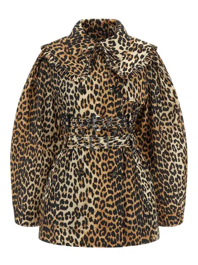 Ganni Leopard Duchesse Nylon Short Trench Coat In Brown