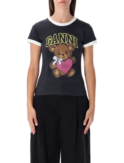 GANNI GANNI GANNI BLACK CROPPED TEDDY COTTON T-SHIRT