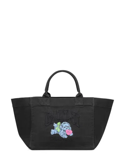 GANNI GANNI GANNI BLACK DENIM TOTE BAG WITH DOG EMBROIDERY