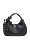 Ganni Black Leather Hobo Mini Grained Top Handle Bag In Black